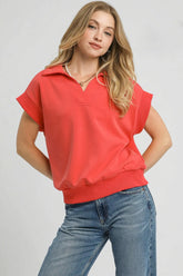Umgee Luxe Knit Collared Short Sleeve Polo Sweatshirt RED CORAL OutfitFlow
