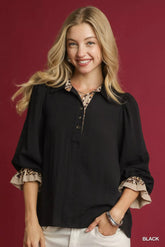 Umgee Half Button Blouse with Leopard Print Trim Black OutfitFlow