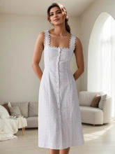 Lace Trim Button Front Square Neck Midi Dress White OutfitFlow