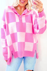Slit Checkered Half Button Long Sleeve Sweater Fuchsia Pink S OutfitFlow
