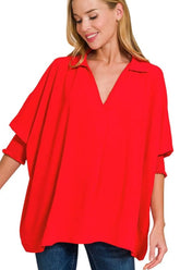 Zenana Airflow Collar Tee with Smocked Sleeve Band Top TOMATO OutfitFlow