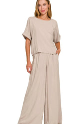 Zenana Round Neck T-Shirt and Wide Leg Pants Set ASH MOCHA OutfitFlow