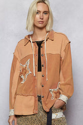 POL Button Down Hooded Jacket with with Star Patch Pattern BURNT SIENNA OutfitFlow