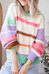 Contrast Striped Round Neck Drop Shoulder Sweater Stripe OutfitFlow