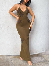 Flower Halter Neck Maxi Knit Dress Brown OutfitFlow
