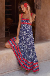Printed Square Neck Wide Strap Maxi Dress Dark Blue OutfitFlow