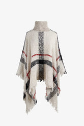 Plaid Turtleneck Raw Hem Poncho Beige One Size OutfitFlow