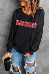 GAME DAY Round Neck Long Sleeve Sweatshirt Black OutfitFlow