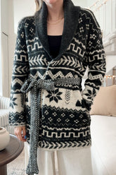 Snowflakes Collared Neck Long Sleeve Cardigan Black OutfitFlow