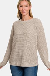 Zenana High Low Long Sleeve Waffle Sweater H Mocha OutfitFlow