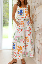 Printed Square Neck Top and Pants Set White OutfitFlow