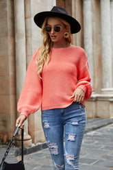 Round Neck Lantern Sleeve Sweater Strawberry OutfitFlow