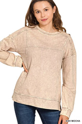Zenana Acid Wash French Terry Exposed-Seam Pullover ASH MOCHA OutfitFlow