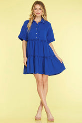 She + Sky Full Size Button Front Frill Tiered Mini Dress Plus Size Dark Blue OutfitFlow