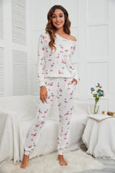 Flamingo Long Sleeve Top and Pants Lounge Set White OutfitFlow