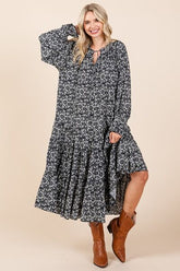 Mittoshop Printed Tie Neck Flounce Sleeve Midi Dress Dark Navy OutfitFlow