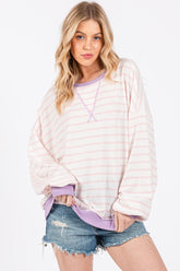 Ces Femme Striped Round Neck Drop Shoulder Sweatshirt Blush Pink OutfitFlow