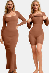 Basic Bae Built-In Shapewear Square Neck Long Sleeve Maxi Dress Caramel OutfitFlow