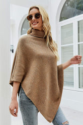Turtleneck Buttoned Poncho Caramel One Size OutfitFlow