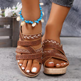 PU Leather Crisscross Wedge Sandals Brown OutfitFlow