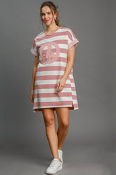 Umgee Peace Applique Striped Short Sleeve Mini Dress Dusty Pink OutfitFlow