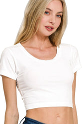 Zenana Ribbed Scoop Neck Crop Short Sleeve Top WHITE OutfitFlow