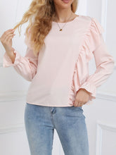 Ruffled Round Neck Long Sleeve Blouse Blush Pink OutfitFlow