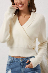 Ribbed Surplice Long Sleeve Sweater Ivory OutfitFlow