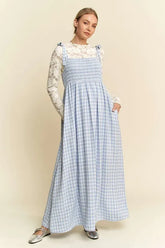 Davi & Dani Plaid Smocking Sleeveless Maxi Dress Blue OutfitFlow