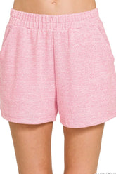 Zenana Soft Melange Hacci Elastic Waist Band Shorts CANDY PINK OutfitFlow