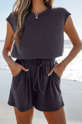 Knit Open Back Cap Sleeve Drawstring Romper Black OutfitFlow