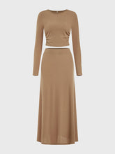 Round Neck Long Sleeve Top and Skirt Set Camel OutfitFlow