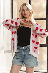 ADORA Fuzzy Heart Button Down Cardigan Ivory Red OutfitFlow