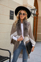 Striped Fringe Detail Long Sleeve Poncho OutfitFlow