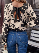 Bow Back Printed Round Neck Flounce Sleeve Blouse Tan OutfitFlow