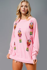 Double Take Sequin Nutcracker Round Neck Long Sleeve Sweatshirt Pink OutfitFlow