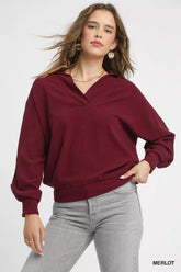 Umgee Linen Long Sleeves Elastic Hem Blouse MERLOT OutfitFlow