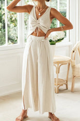 Drawstring V-Neck Tank and Pants Set Beige OutfitFlow