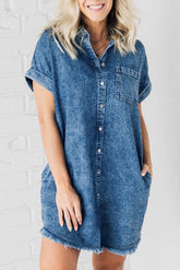 Raw Hem Pocketed Cap Sleeve Denim Dress Medium OutfitFlow
