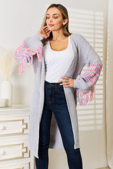 Woven Right Fringe Sleeve Dropped Shoulder Cardigan Cloudy Blue OutfitFlow