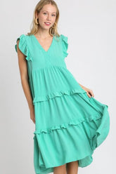 Umgee Full Size Ruffle Tiered Cap Sleeve Midi Dress Plus Size EMERALD OutfitFlow