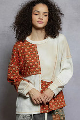 POL Contrast Patchwork Round Neck Long Sleeve Top CREAM MUTLI OutfitFlow