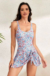 Drawstring Scoop Neck Wide Strap One-Piece Swimwear Floral OutfitFlow