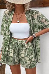 Printed Open Front Top and Shorts Set Moss OutfitFlow