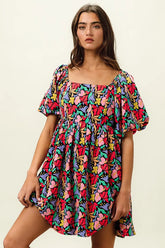 BiBi Floral Print Puff Square Neck Dress BLACK MULTI OutfitFlow