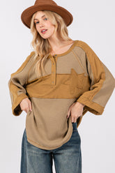 SAGE + FIG Star Applique Patch Exposed Seam Waffle Knit Top Olive OutfitFlow