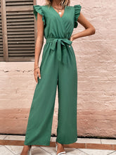Ruffled Surplice Cap Sleeve Jumpsuit Dark Green OutfitFlow