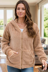 Zip Up Long Sleeve Fuzzy Hooded Outerwear Camel OutfitFlow