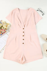 Buttoned V-Neck Short Sleeve Romper Peach OutfitFlow