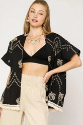 Umgee Open Front Embroidered Fringe Kimono Black OutfitFlow